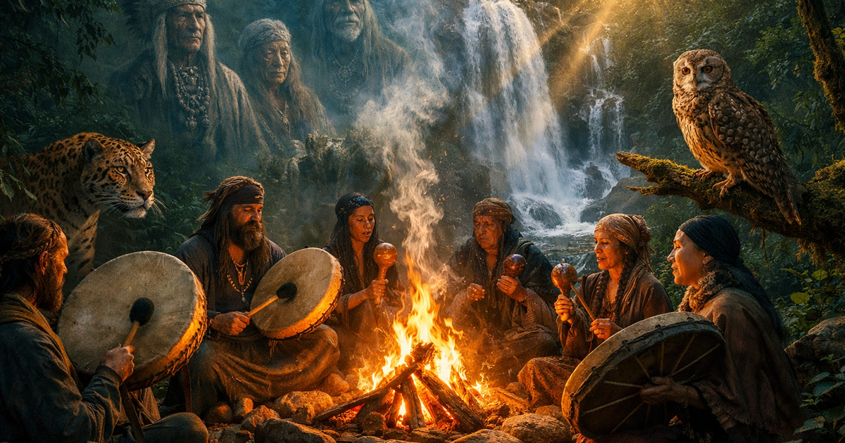 tambor xamânico e maracás no ritual com as medicinas da floresta